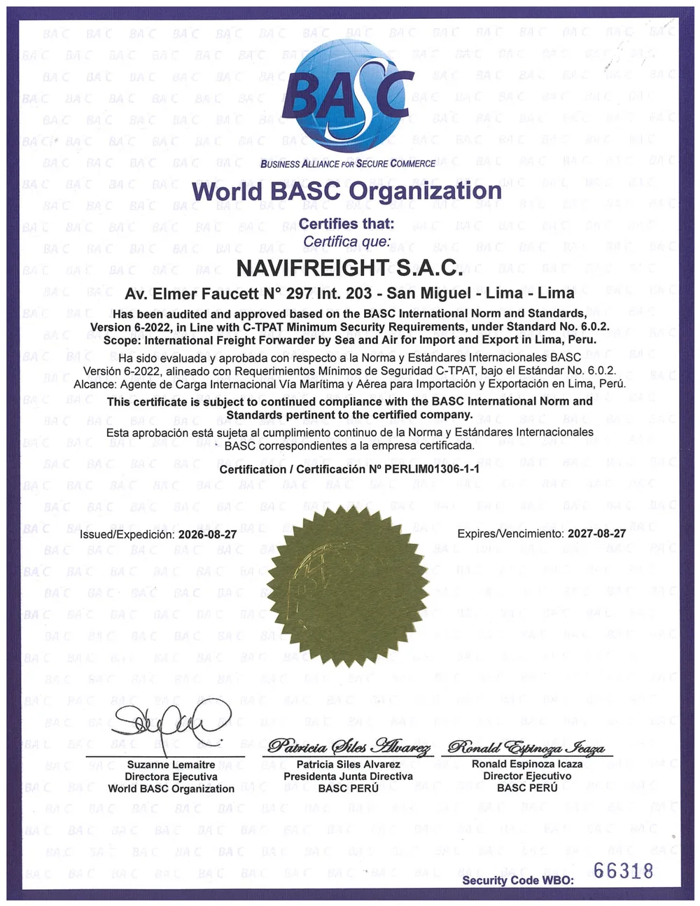 Certificado BASC vigente de Navifreight S.A.C., 2026-2027